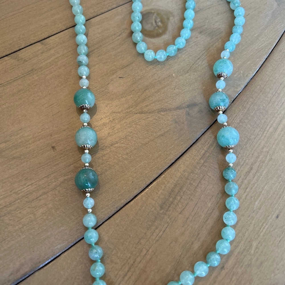 Vintage Chinese Light Green Hand Knotted Jade & Silver Bead Necklace 31" Long